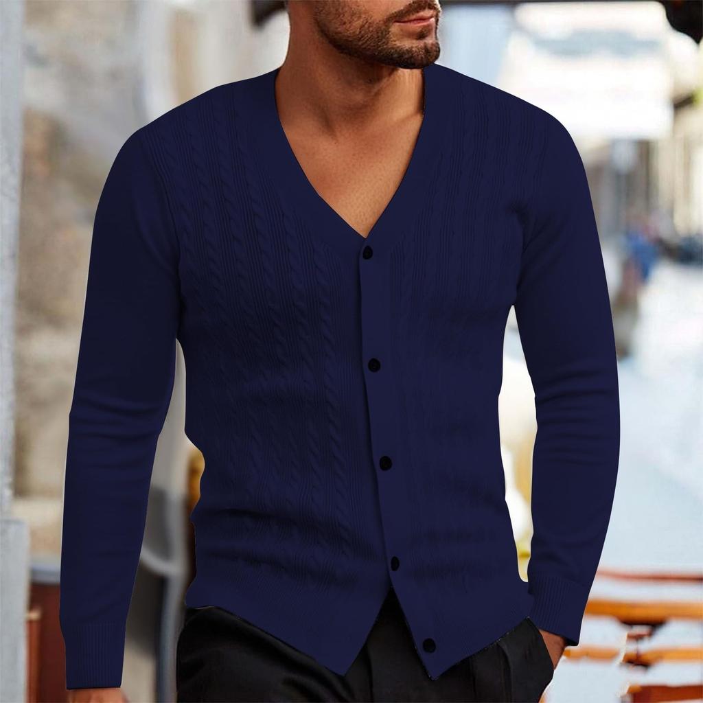 Мужской кардиган, повседневный свитер с длинным рукавом, V-образный вырез, застегивающийся на пуговицы, вязаный косами, текстурированная осенне-зимняя одежда