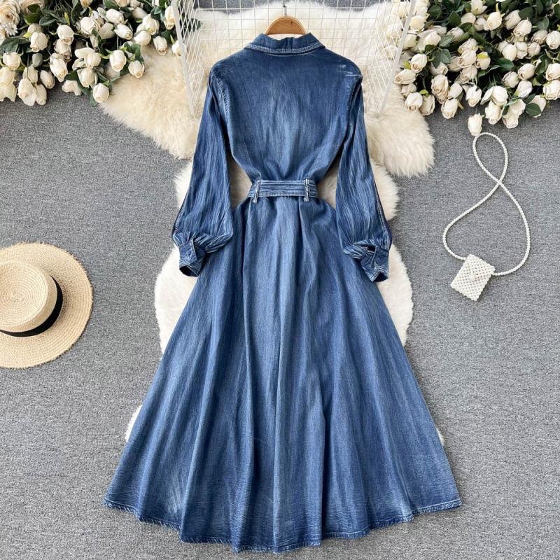 RUGOD Джинсовое платье женское весеннее новое корейское платье с воротником в стиле ретро с талией длинное платье темпераментное платье средней длины