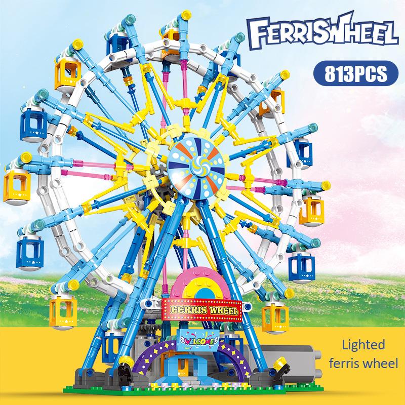 Non-Toxic Zkzc City Friends Moc Rotating Ferris Wheel Building Blocks Electric Bricks With Light Toys For Children Christmas Gifts