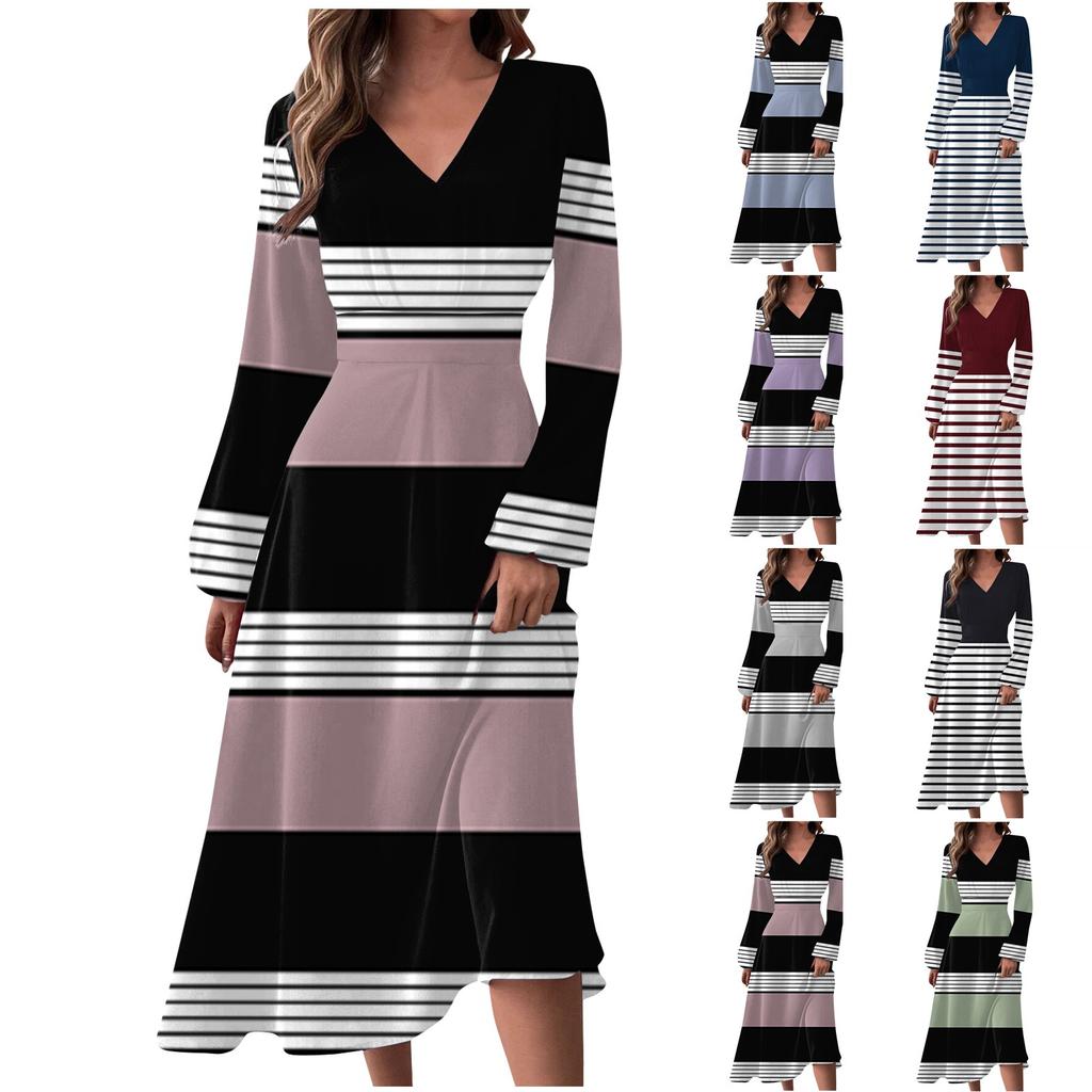 Женское осеннее и зимнее повседневное модное длинное платье с v-образным вырезом и длинным рукавом в полоску и принтом