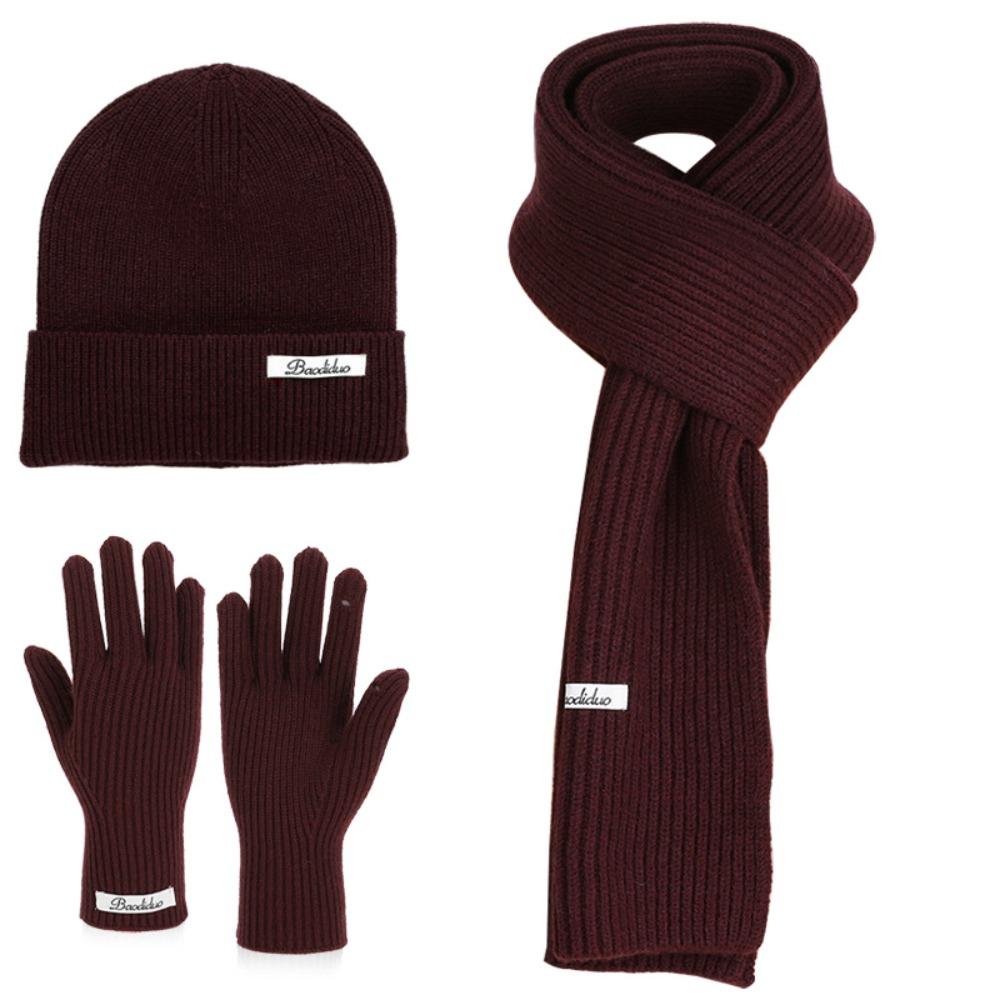 Solid Color Hat Scarf Gloves Set Warm Winter Beanie Hat Neck Protector Thermal Knit Cap  Skiing