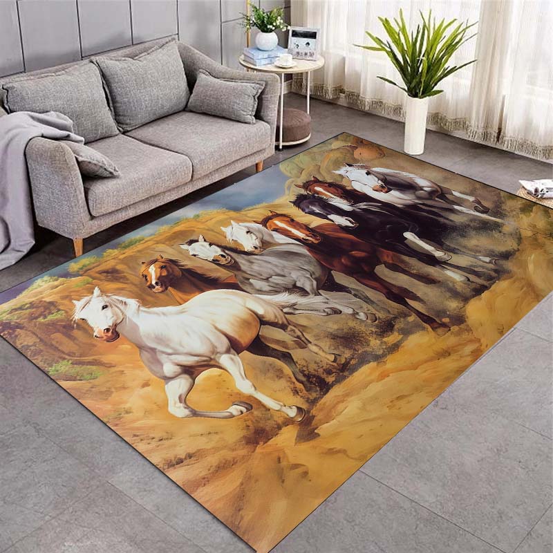 Black Horse with Fire Background Area Rug, Fiery Steed Print Non Slip Floor Carpet for Living Room Decor
