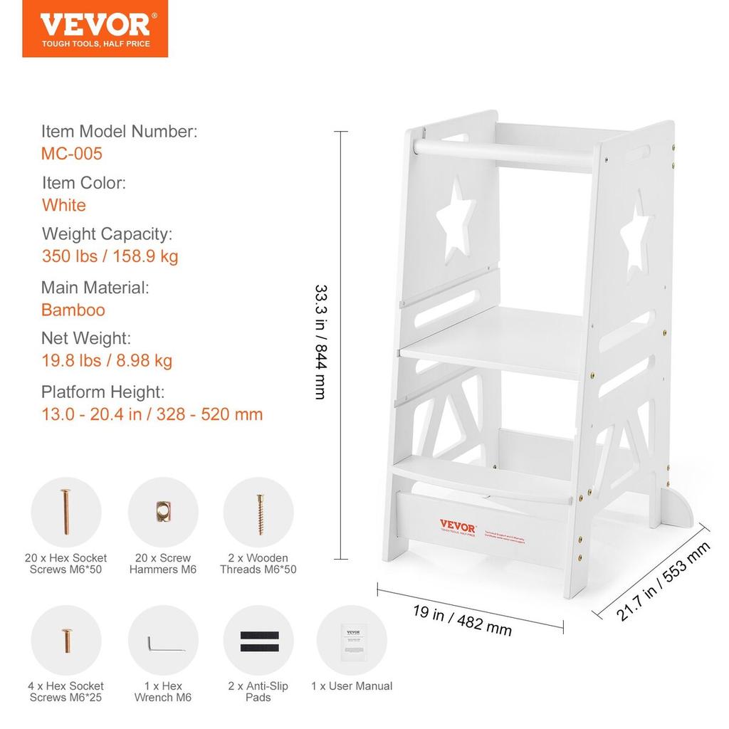 Tower Step Stool for Toddlers Kids 3-Level Height Adjustable 350LBS White