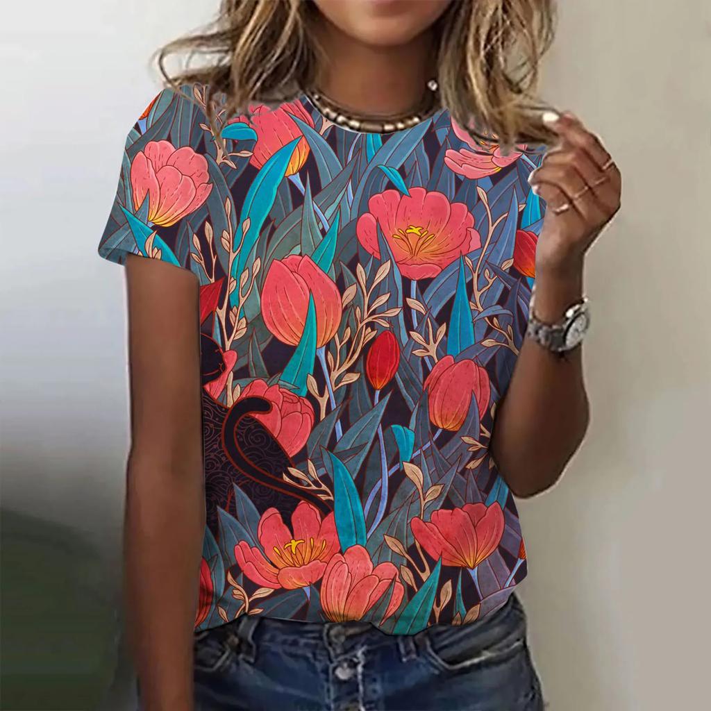 3D Colorful Flower Print T-shirt Women Summer Fashion Casual Short Sleeve T-shirt Women Retro Street T-shirt Plus Size Harajuku T-shirt