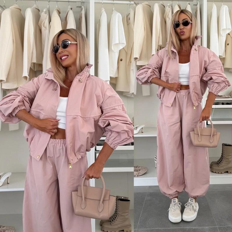 Womens Casual 2-Piece Set: Solid Color Zip-Up Hoodie Top Elastic Cuff Pants 2026 Streetwear