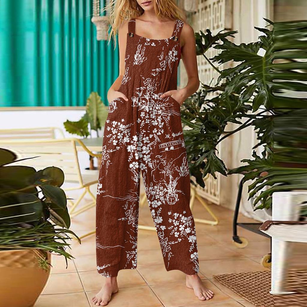 Women's Fashion Flannel Printed Casual Vintage Sleeveless Button Jumpsuit