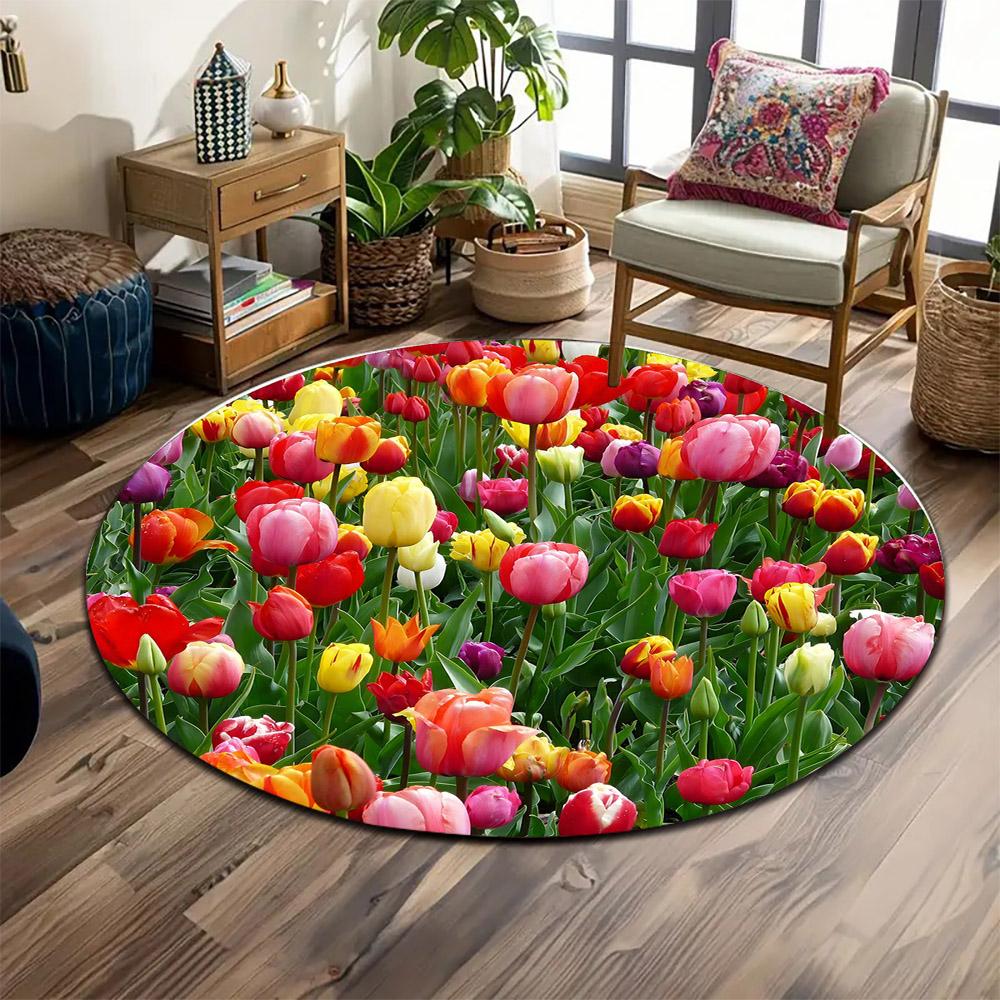 Colorful Tulip Field Design Print round rug, living room, bedroom, playroom carpet, non slip floor mat, gift