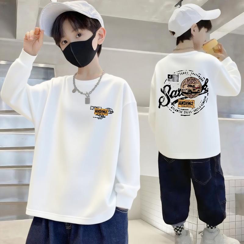 Мальчиковая футболка с длинным рукавом из 100% хлопка с круглым вырезом - Осенняя повседневная спортивная одежда