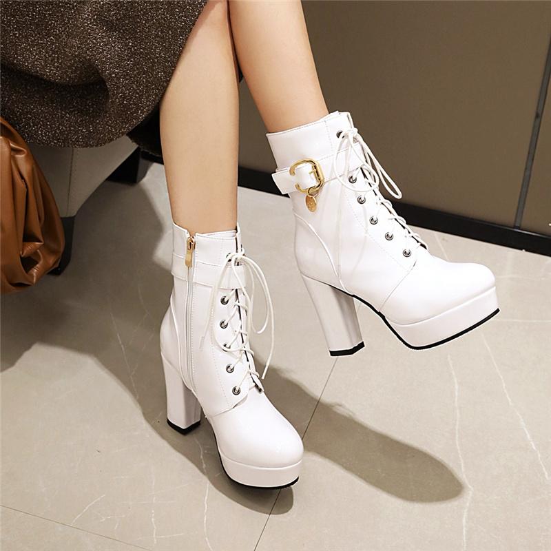 Fashion Lace Up Women‘s Ankle Boots Platform Fashion Heels Short Boot Female Leather Black Red White Fetish Party Dance Shoes Large Size