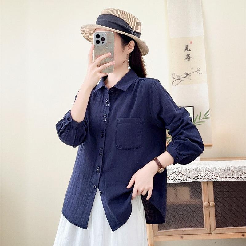 Новая японская ленивая хлопковая пряжа двойного плетения чистый хлопок рубашка с длинным рукавом женская простая темперамент свободная и тонкая рубашка с воротником