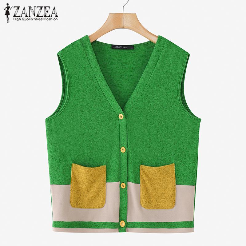 ZANZEA Женские винтажные жилеты без рукавов с цветными карманами