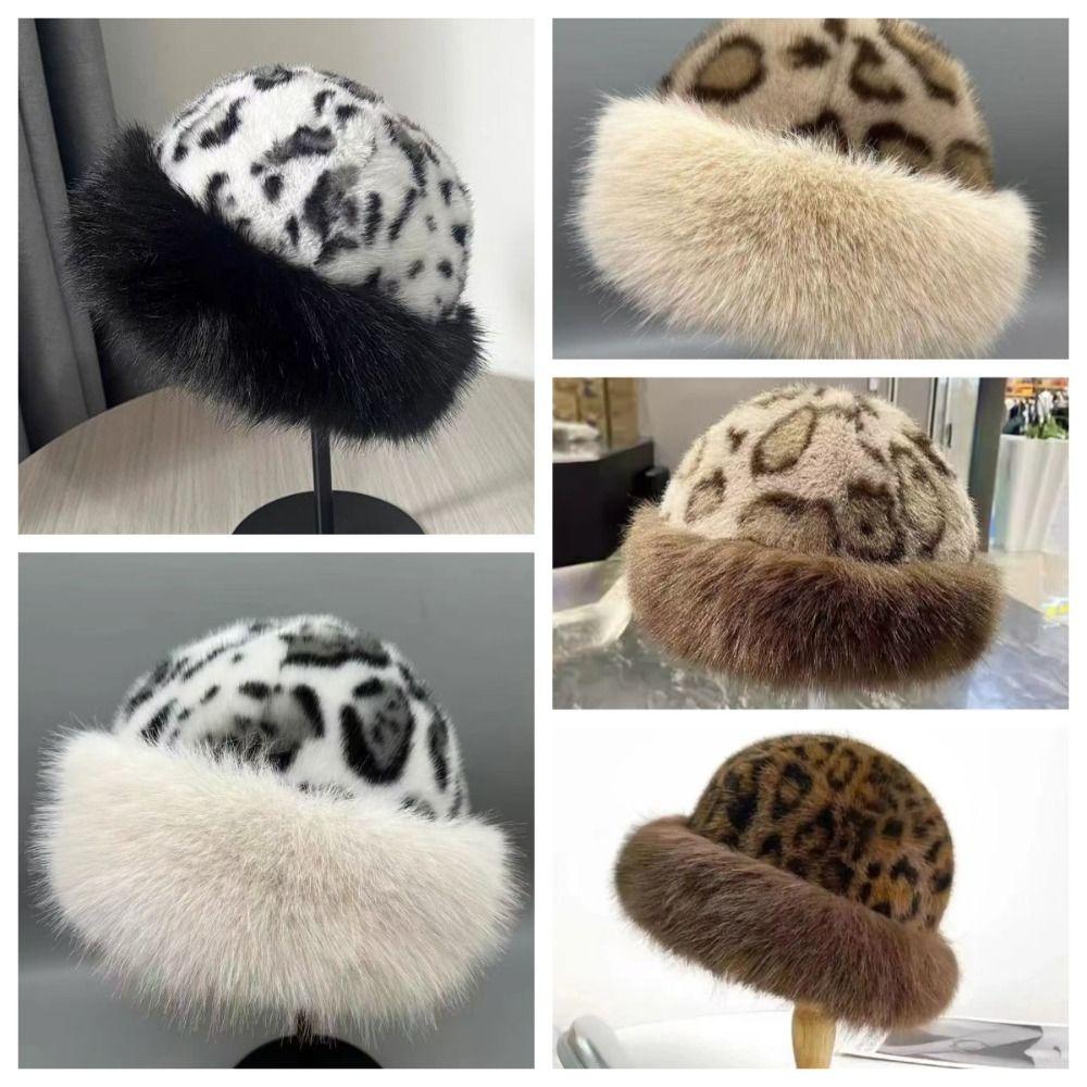 Норковый мех Леопардовый принт Плюшевая Монгольская шапка без полей Плюшевая Панама Осень и Зима