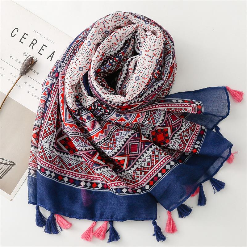 Boho Chic Floral Print Tassel Scarf for Women - Lightweight Polyester, Windproof & Sun-Protective Shawl with Ethnic Patterns