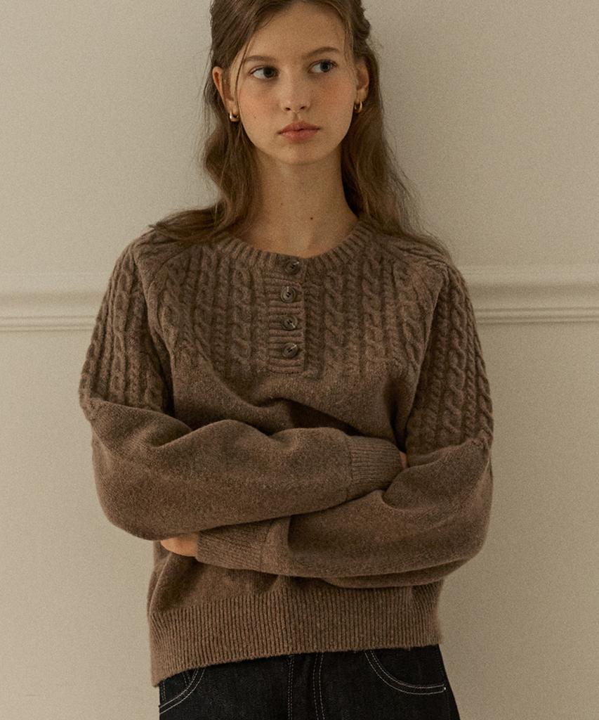 OURHOPE Button Wool Cable Knit - Brown