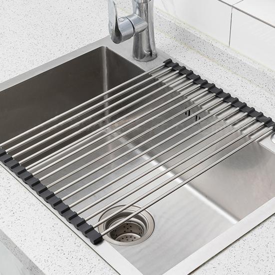 Yousheng Foldable Roll Up Dish Drying Rack Stainless Steel Sink Roller Organizer Practical Kitchen Gadget for Fruits Vegetables Cutlery