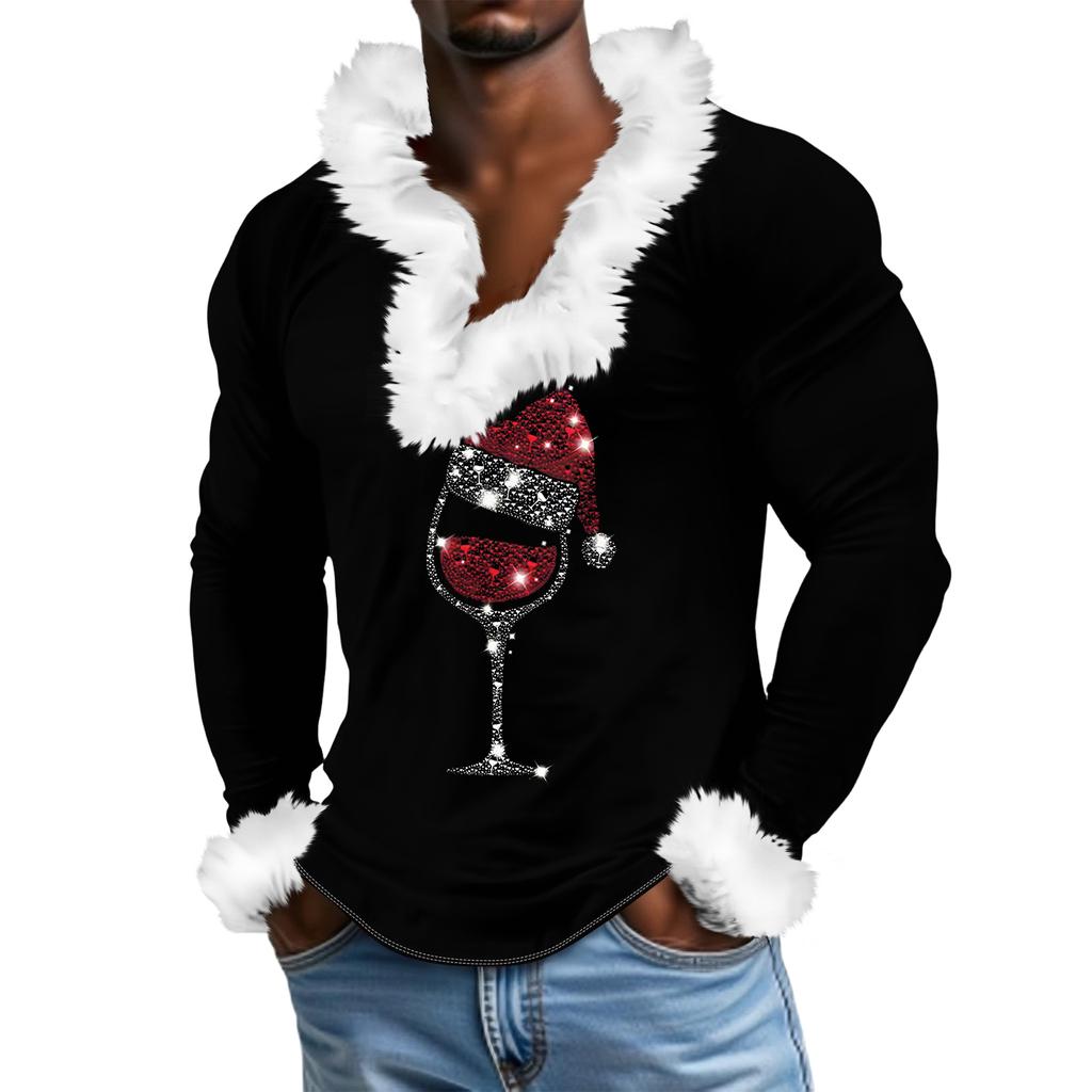 Men's Casual Cartoon Printed Plush V-neck With Fleece Long-sleeved Sweatshirt