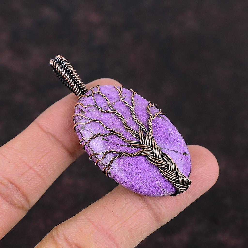 Подвеска из пурпурита «Дерево жизни», подвеска из медной проволоки, подвеска ручной работы, дизайнерское ювелирное изделие из меди, подарок для нее, ювелирное изделие из драгоценных камней с проволочной обмоткой
