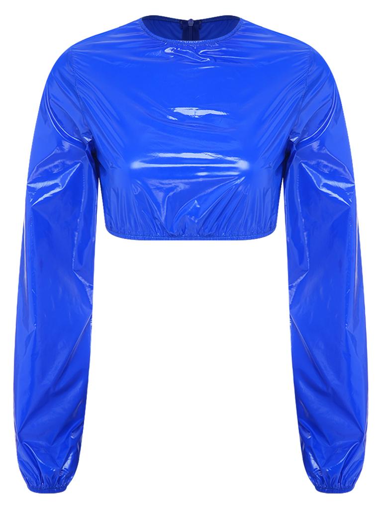 Waterproof Vinyl Long Sleeve Crop Top and Elastic Waist Capri Pants Set with Back Zipper Side Drawstrings for Women Fitness Workout
