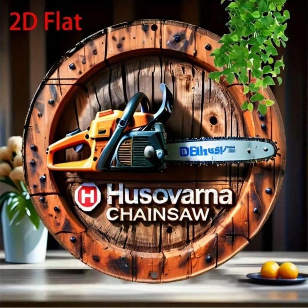 Vintage Style Chainsaw 2D Metal Tin Sign Wood Grain Decor Wall Art For Cafe Garage
