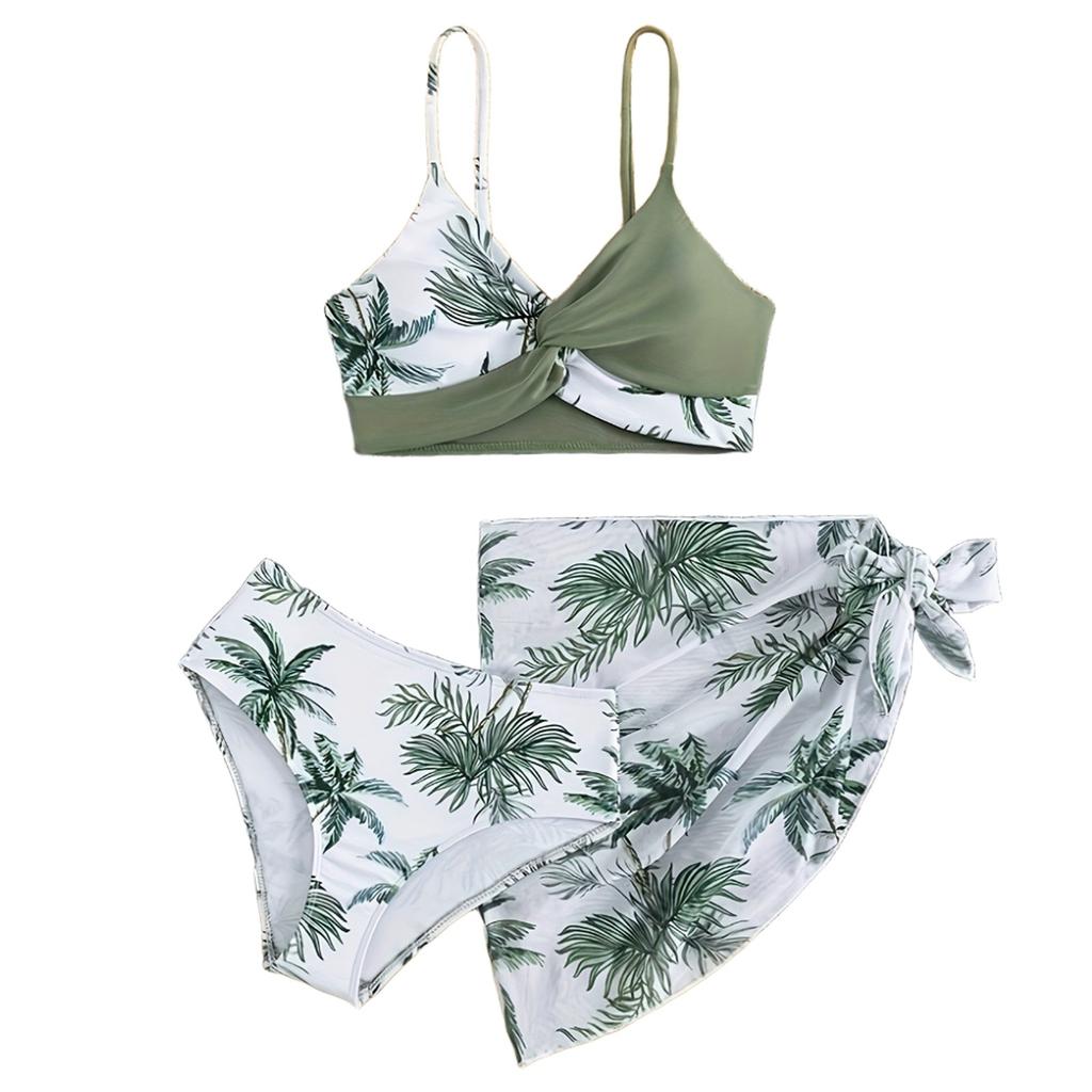 Комплект из 3 купальников для девочек: топ бикини с плавками и юбкой, детские цветы, регулируемые бретели, бюстье, летний, красивый, быстросохнущий, милый