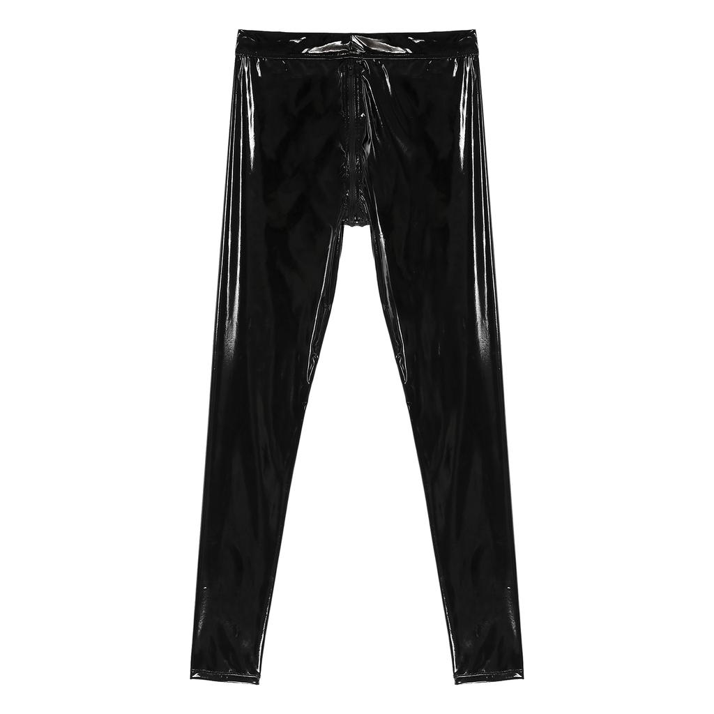 Mens Two Way Zipper Pants Wet Look Patent Leather Skinny Fit Clubwear