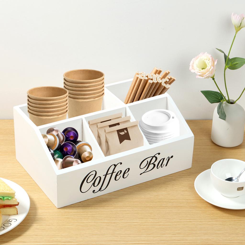 Деревянная подставка для кофе, органайзер для кофейного бара, 5 отделений, аксессуары для кофейного бара, винтажная станция для хранения кофе, держатель для кофейных капсул