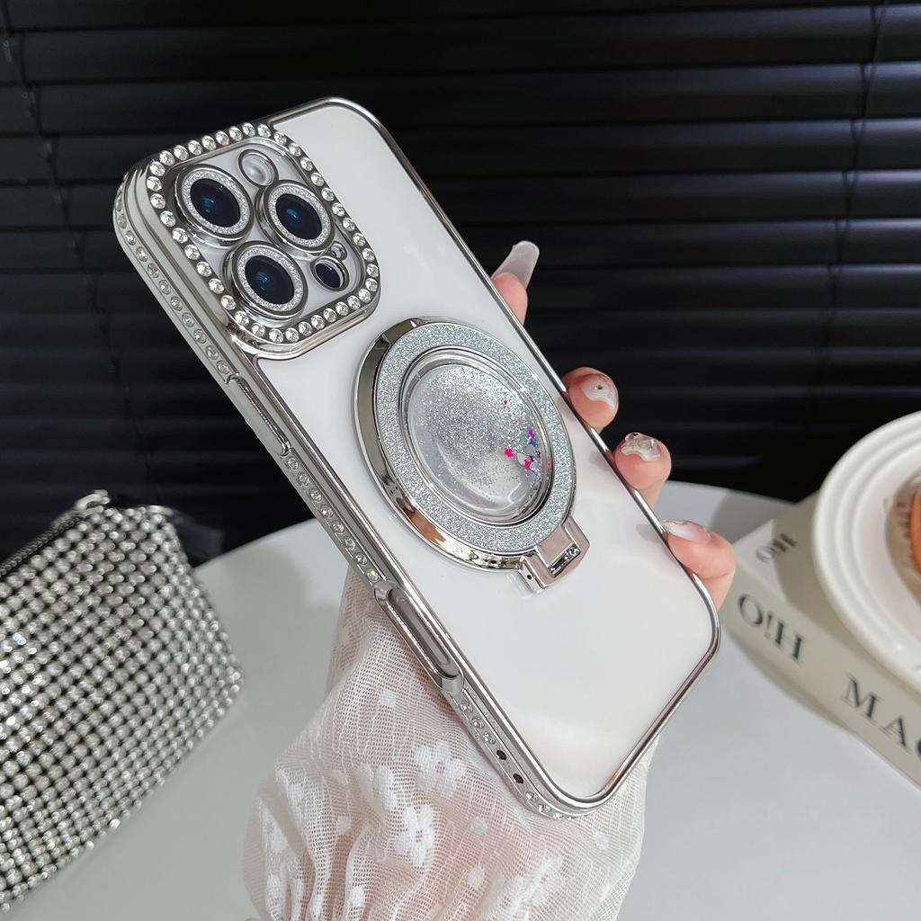 Чехол-бампер для телефона с подставкой, защищающий объектив камеры, с гальваническим покрытием, блестками и бриллиантами, для iPhone 17 16 Pro Max Samsung S25 S24, прозрачная защитная крышка