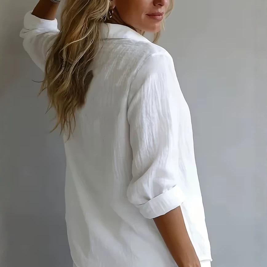 European and American style white cotton and linen shirt women, loose solid color long-sleeved sunscreen shirt, casual commuter button cardigan
