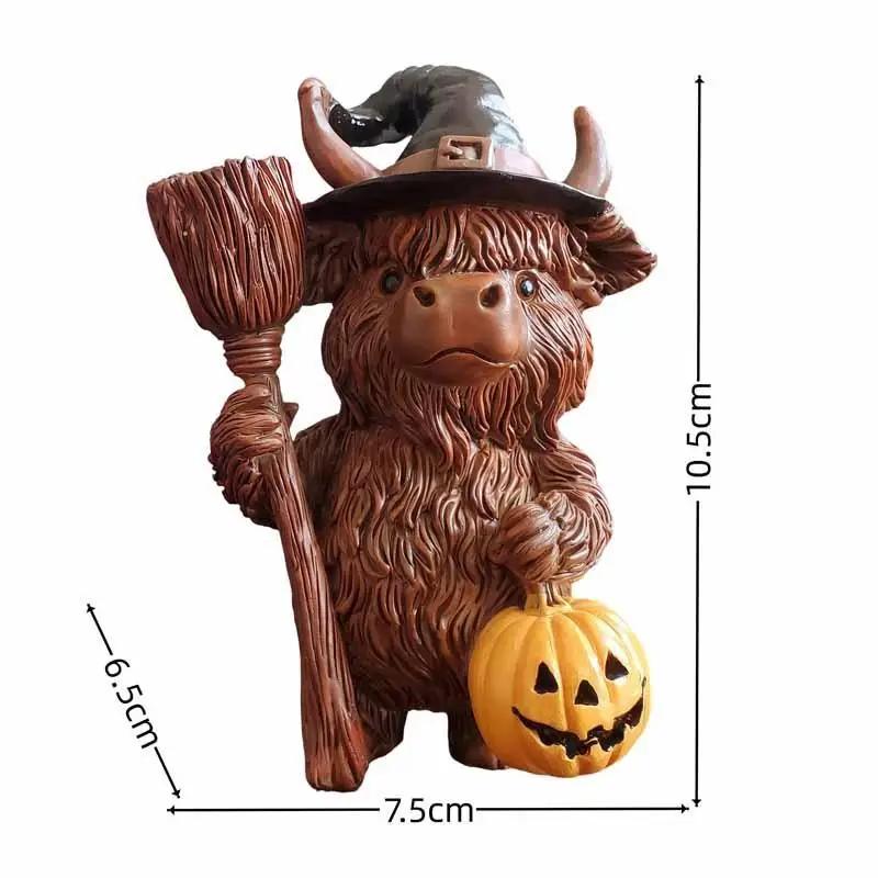 Cute Scottish Highland Cow Resin Figurine Adorable Home Decor Ornament for Halloween Christmas Desk Decoration Festive Gift