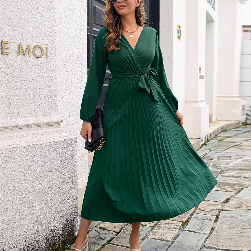 Женское повседневное модное темпераментное платье с V-образным вырезом и большим плиссированным длинным рукавом