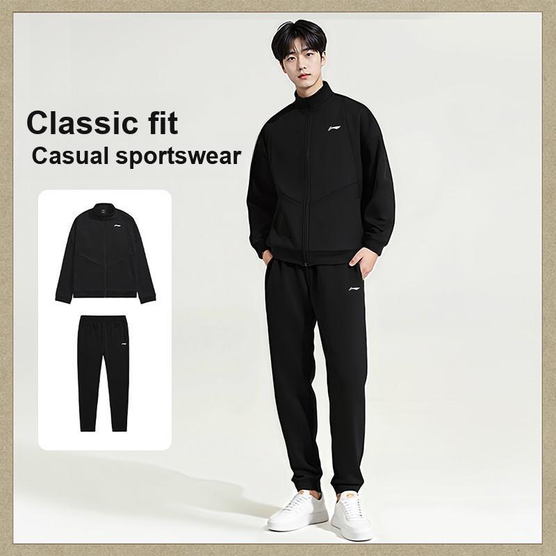 Li Ning свободный крой с заниженной линией плеч и брюки со средней талией повседневный спортивный комплект мужской свитшот, брюки черный AWEU041-1