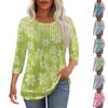 Women's Fashionable Casual Pleated Round Neck Casual Floral Print Seven Quarter Sleeved T-shirt Top