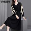 Women's High-end V-neck Lantern Sleeve A Line Dress Spring Chic Elegant Collision Color Splicing Long Sleeve Belt Mid-length Dresses