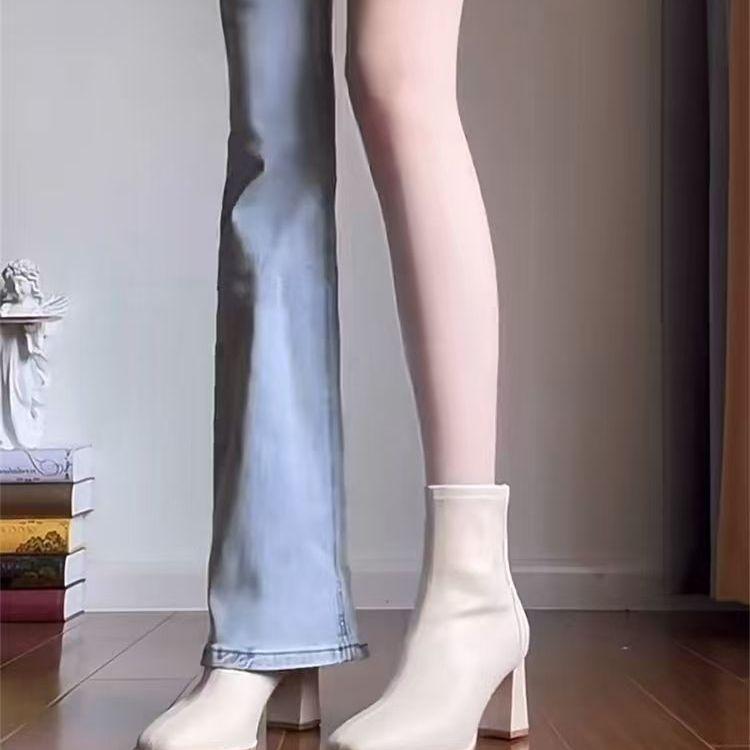 Giant Skinny! Skinny Boots~ Thick Heel White Ankle Boots Women's French Short Boots Square Head High Heel Elastic Boots Women's