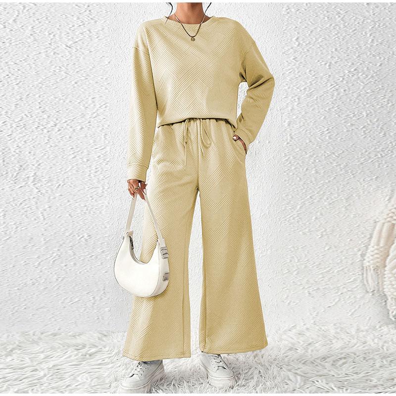 Autumn Women's Pure Color Wide Leg Pants Set Long Sleeved Round Neck Pullover Drawstring Pants Female Suit