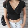 Women Sexy T-Shirts Baby Tees V-Neck Short Sleeve Tight Bare Midriff Short Tops Summer Wrapped Knot Pleated Y2k Cropped Tees