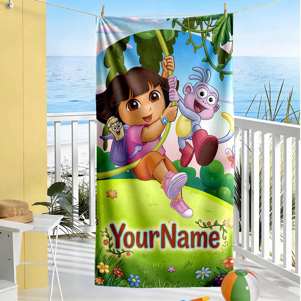 Dora Explorer Customizable Name Beach Towel Quick-Dry Soft Microfiber Ideal for Travel Outdoor Swim Pool Yoga Surf Camping Hiking Gym Gift Holiday