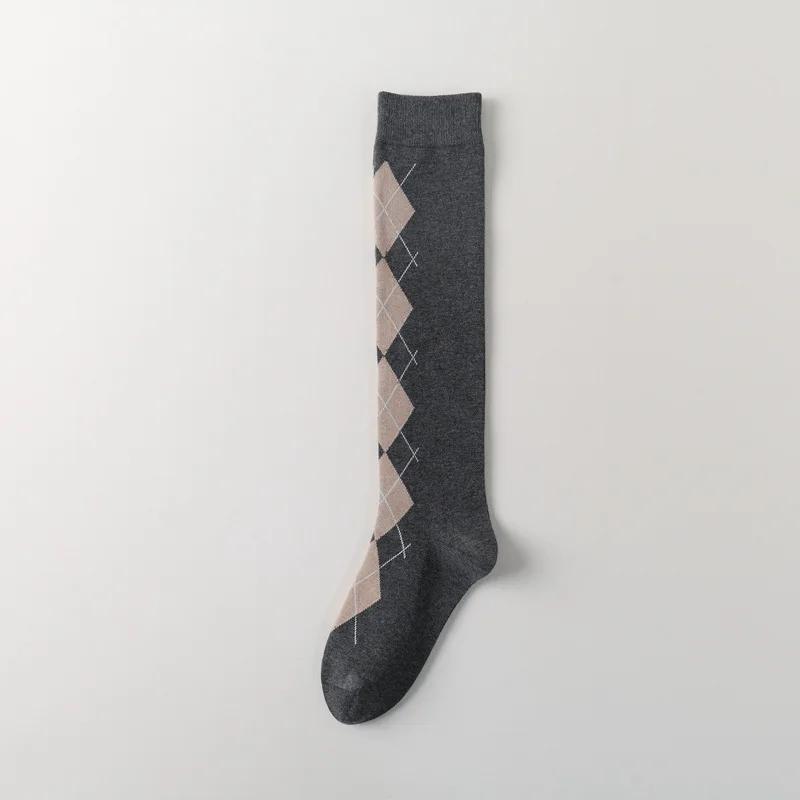 Осень/Зима Ромбовидные высокие носки Жаккардовые чулки Хлопковые носки Носки College Wind для девочек Ворсовые носки Серые носки JK Retro из телячьей шерсти