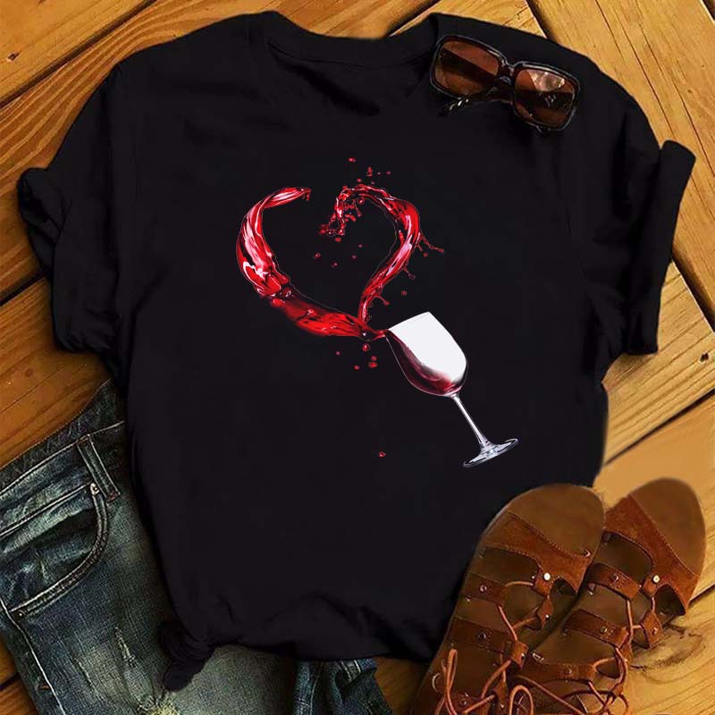 Новая женская футболка повседневная с коротким рукавом женская модная футболка с принтом розы и бокала вина черная футболка женские топы футболки