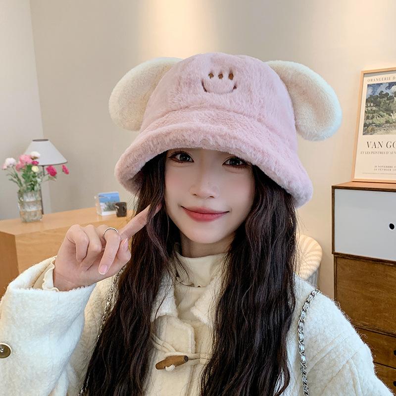 Puppy Ears Plush Fisherman Hat for Women Winter Korean Style Cute Student Versatile Face Showing Small Thickened Warm Basin Hat