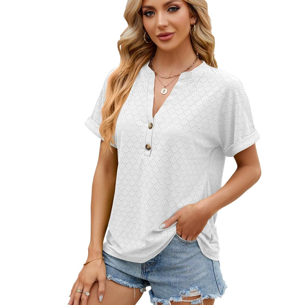 Spring and Summer Solid Color V-neck Button Loose Short-sleeved T-shirt Top Women's Clothing