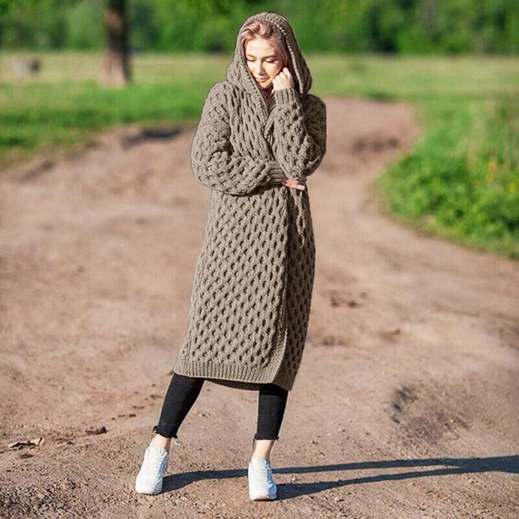 Зимний теплый новый модный женский длинный вязаный свитер с капюшоном, кардиган, пальто