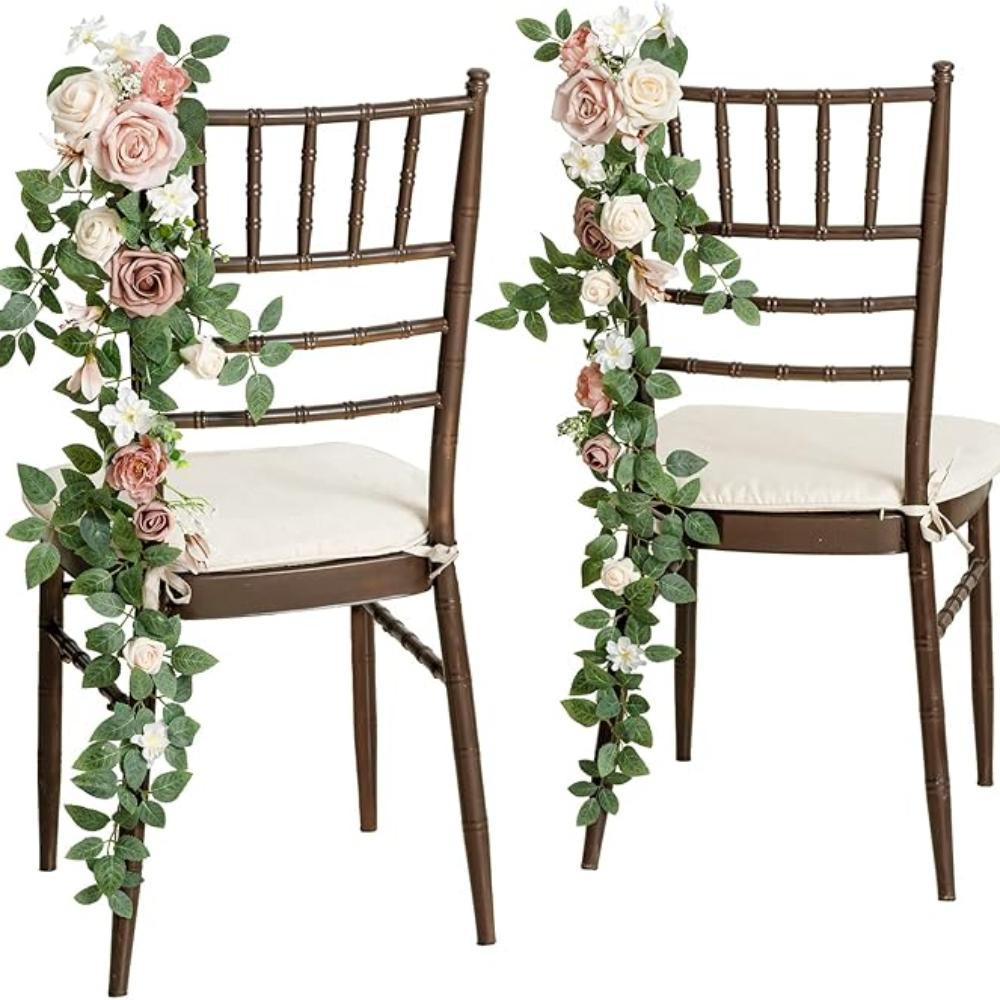 2Pcs Wedding Chair Decorations Aisle Floral Swag Artificial Pew Flowers Hanging Garland for Ceremony Church Rose Floral Faux Arrangement Party Decor