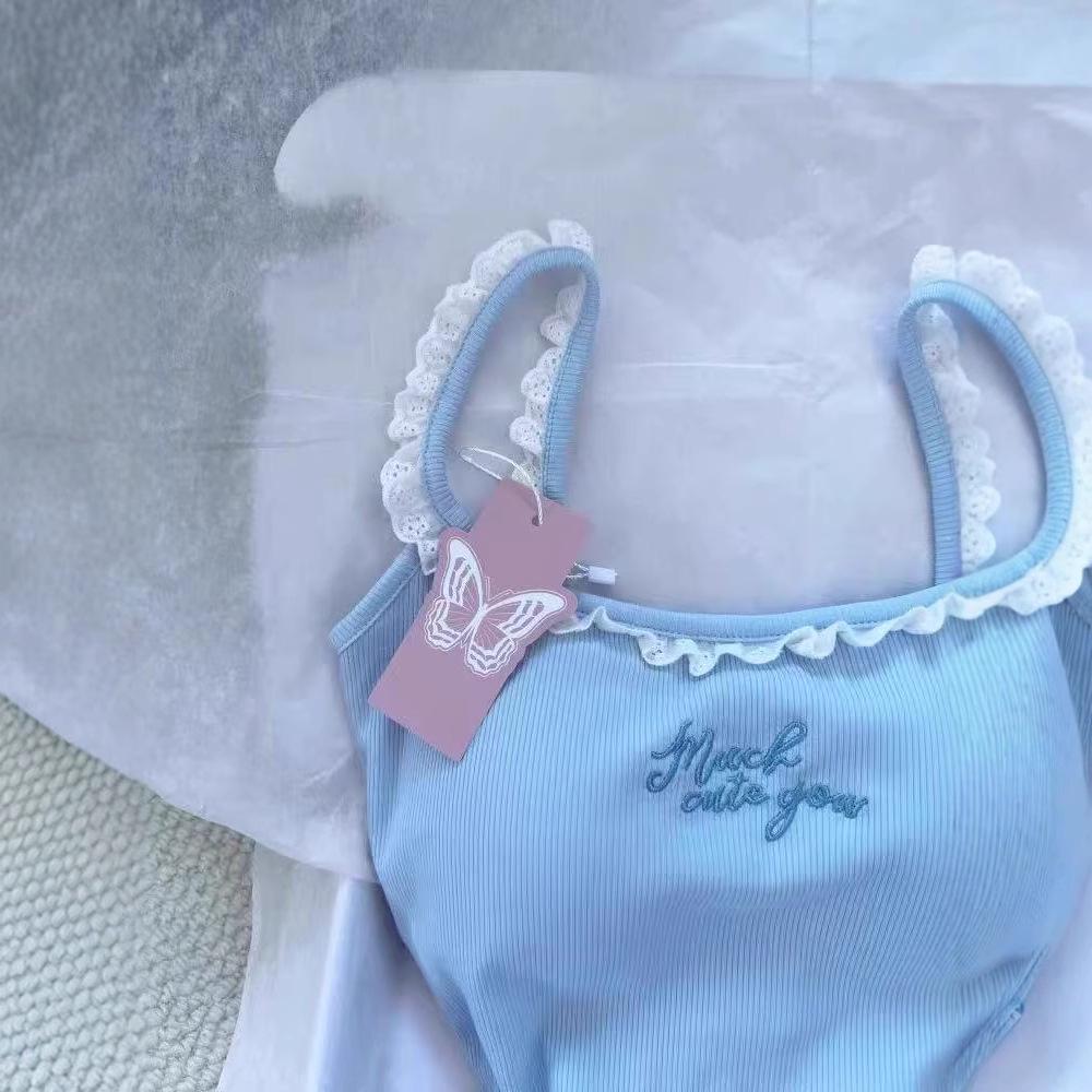 Дофаминовый синий кружевной топ-майка с подкладкой - Женская одежда для дома/улицы с красивым дизайном спины.