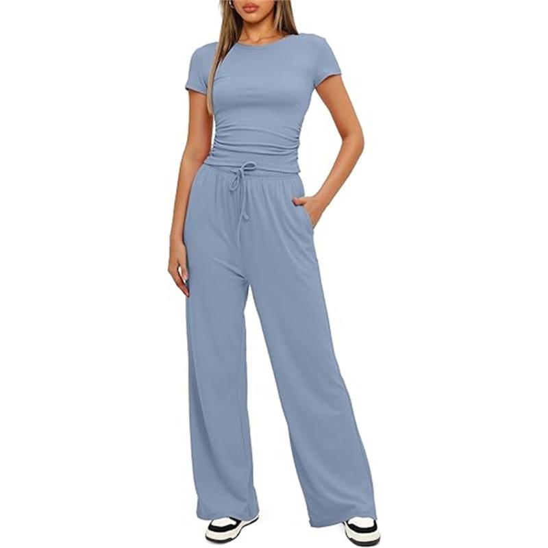 Women's Set Summer Short-sleeved Pleated Top Casual Sweatpants