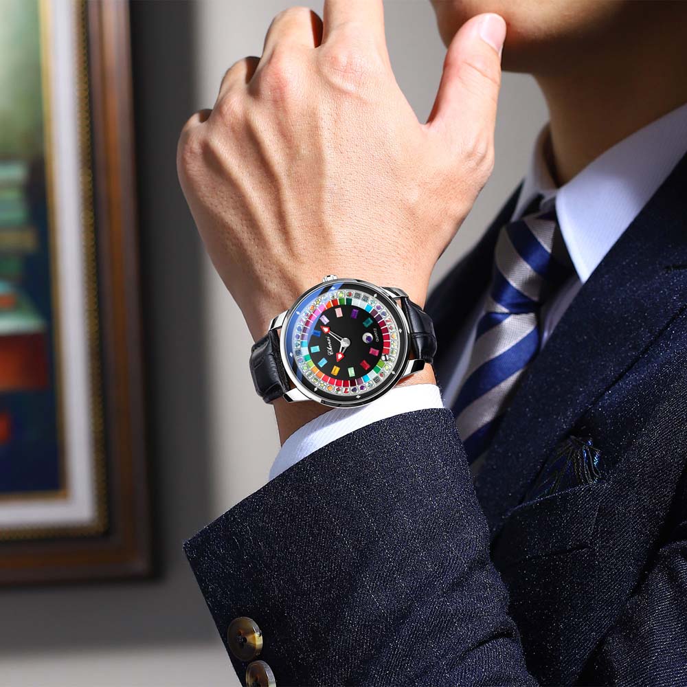 CHENXI Creative Card & Roulette Men's Quartz Watch Large Dial Water-Resistant Luminous Watch Unique Trendy Revolving Dial Watch