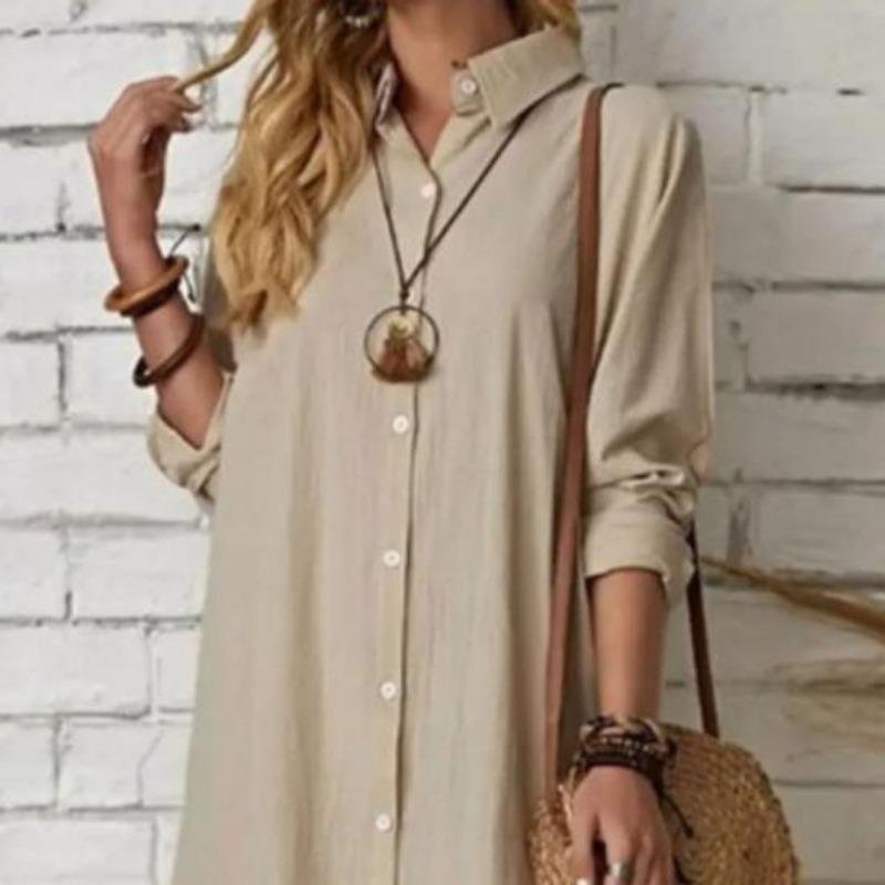 Women Long Shirt Dress Lapel Collar Long Sleeve Button Placket Solid Dress Elegant Ladies Casual Loose Cotton Linen Dress Summer Female Clothes