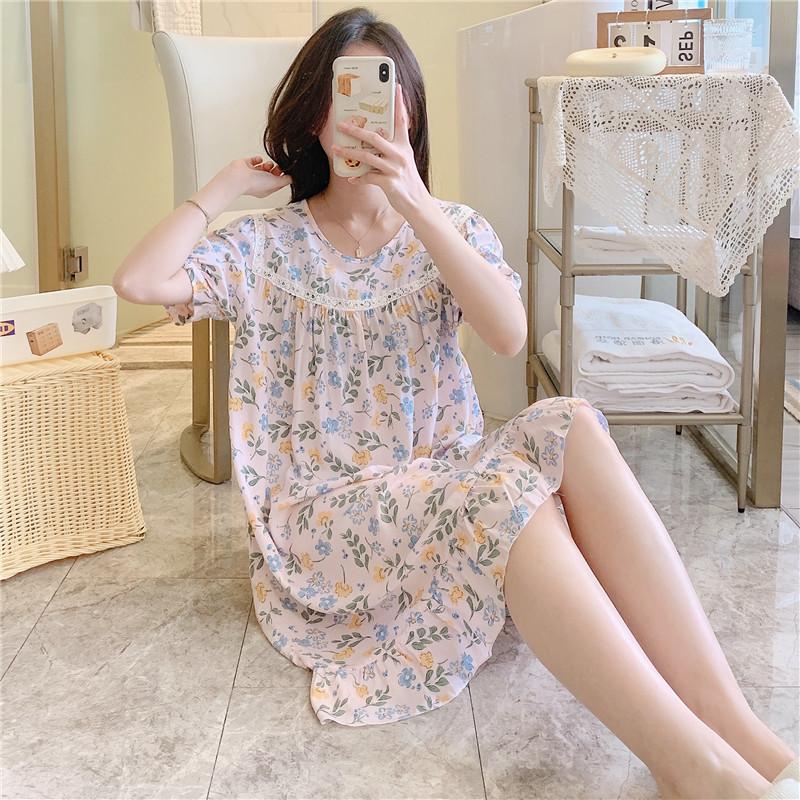 1011 new pajamas women's cotton and silk round neck loungewear thin fashion home artificial cotton and silk nightgown can be worn outside