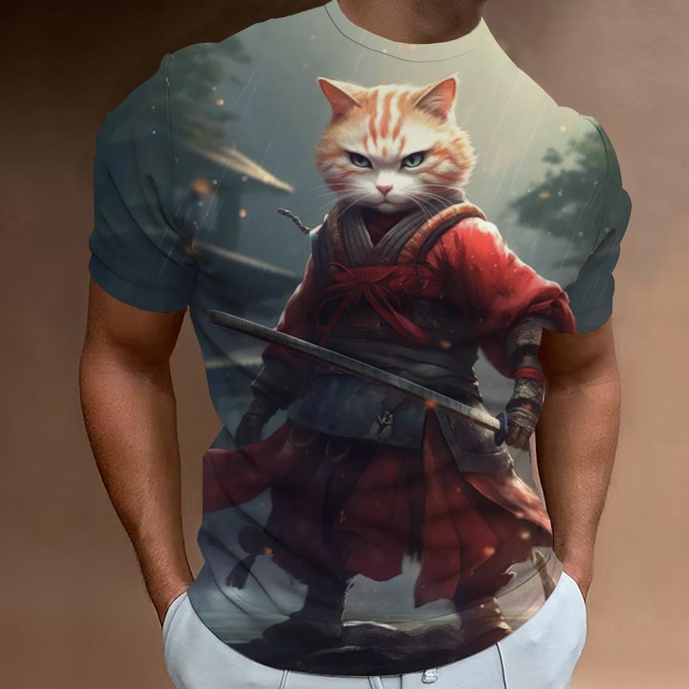 Новая мужская футболка в стиле ретро с 3d принтом самурая и кота, футболка с короткими рукавами для мужчин, модная мужская одежда больших размеров, быстросохнущие футболки, топы 2024