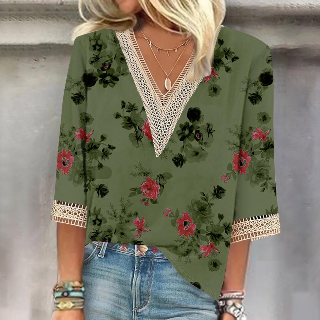 Women's Shirt Blouse Casual Loose Shirts 3/4 Sleeve Lace Print V Neck Tops Print Tops T-shirts Tee